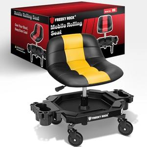 FREEKYROCK Rolling Stool with Wheels, Adjustable Height Pneumatic Garage Work Mechanic Stool Seat with Backrest, 400 LBS Capacity 360° Swivel Mechanic Crepper Chair with Tool Tray Storage, Yellow