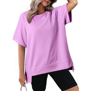 Dokotoo Womens Oversized T Shirts Loose Fit Crewneck Short Sleeve Tops Summer Casual Blouse Y2K 2026 High Low Lightweight Thin Basic Tee Uneven Hem Solid Color Women's T-Shirts Purple X-Large