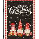 IVN Merry Christmas Garden Flag 12x18 Inch Burlap Holiday Gnome Banner Black Red Buffalo Plaid Three Gnome Design Double Sided Winter Lawn Flag for Porch Patio Yard Outdoor Decor