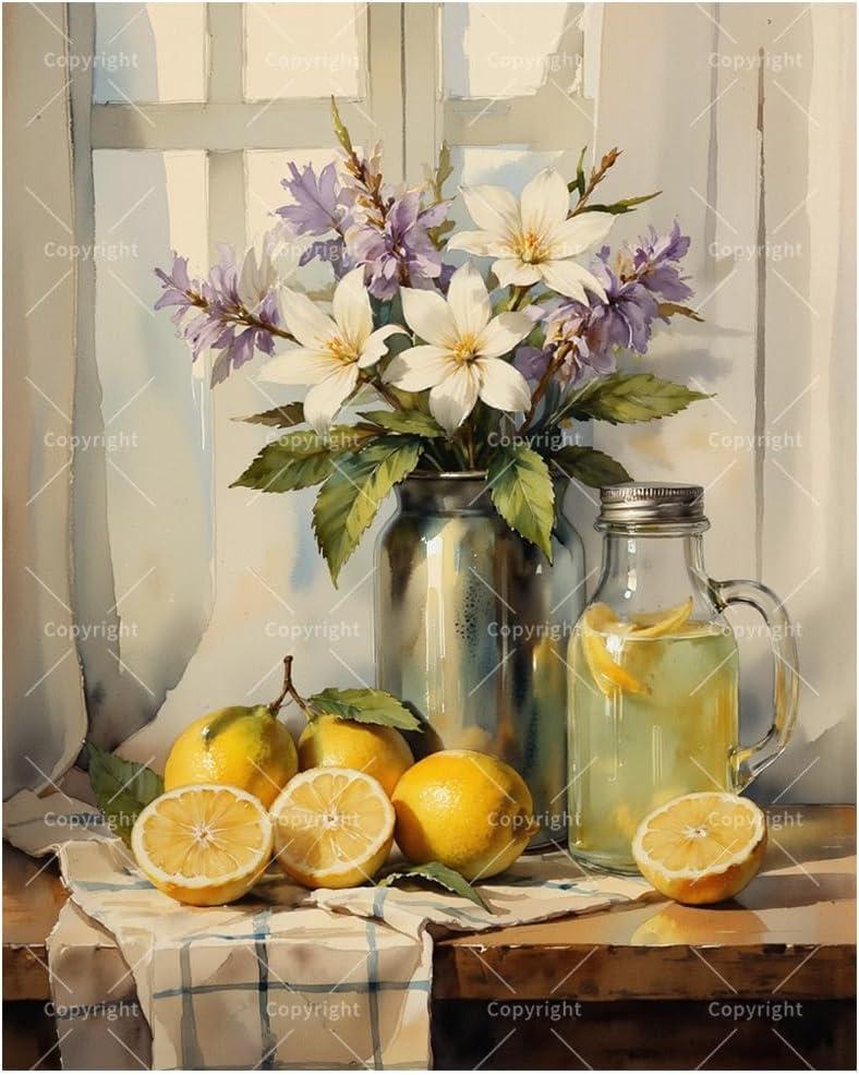 DecorFriday Still Life Paint by Numbers Kit for Adults - DIY Lemons and Flowers by Window Painting on Canvas, Acrylic Paint Set, Suitable for Beginners, Art for Home Decor or Gifts(16X20IN Framed)