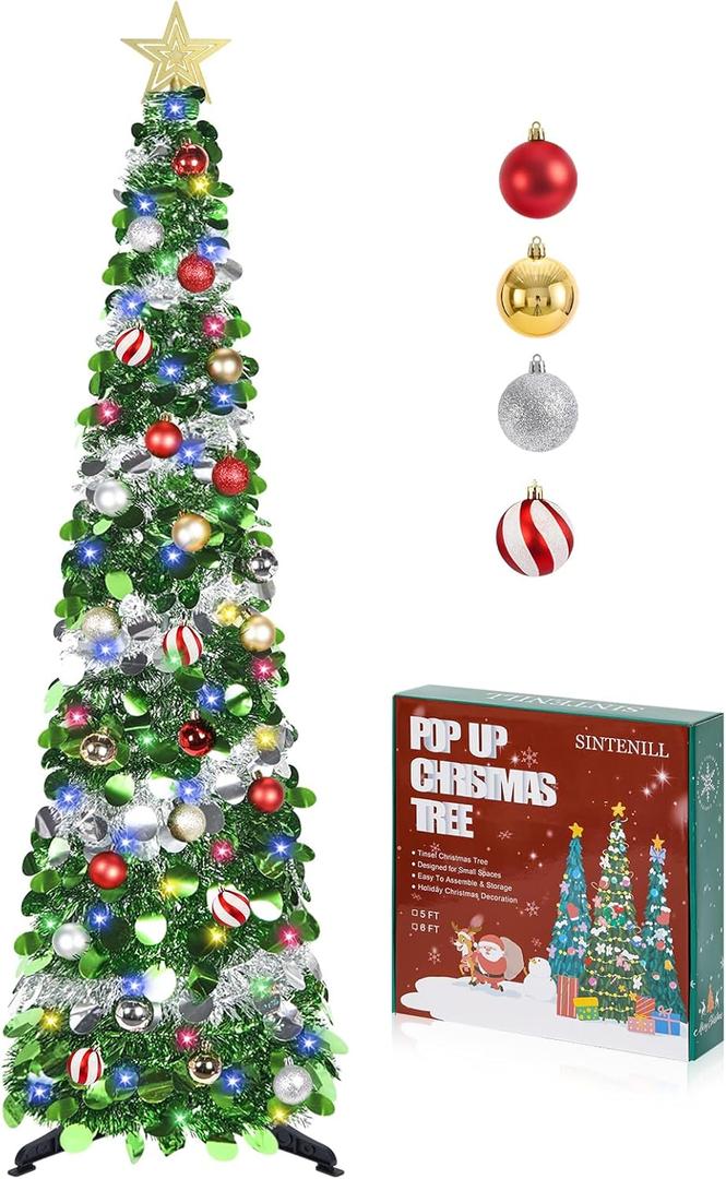 SINTENILL 5 FT Pop Up Christmas Tree with Timer Lights and Decorations, Green Artificial Tinsel Christmas Tree with 24 Ball Ornaments, Collapsible Pencil Tree for Home, Office, Holiday Party