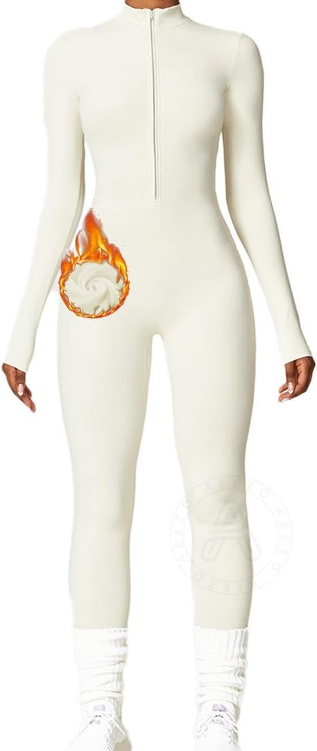 AEEZO Womens Long Sleeve Workout Jumpsuit Zip Up Yoga Rompers Sexy Tummy Control One Piece Bodycon Bottom Pants (Medium, #3 Thermal Beige)