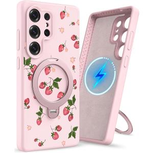 Uppuppy for Samsung Galaxy S25 Ultra Case - Liquid Silicone Compatibe with Magsafe Phone Case with Magnetic Stand and Camera Cover Cute Women Girly Kickstand Soft Cover for S25 Ultra, Strawberry