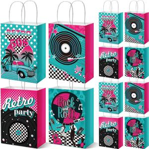 Sweetude 24 Pcs 50s Paper Gift Bags 1950's Rock and Roll Music Bags 50's Themed Party Decorations Retro Records Paper Goodies Sack for Music Birthday Anniversary Party Favor Grease Decorations