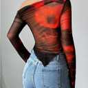 Women's Off Shoulder Tie Dye Mesh T Shirt Long Sleeve Asymmetrical Hem Ruched Fitted Tee Tops (XXXL)