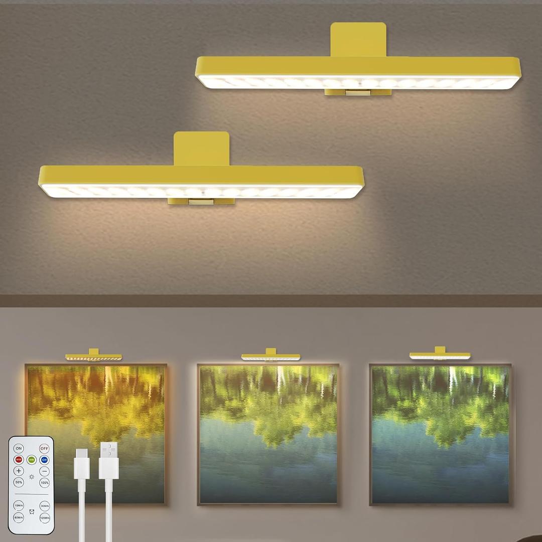 2Pack Battery Operated Picture Light, Wireless Painting Light with 3 Lighting Modes,Remote and Dimmable Timer Art Display Light for Picture Artworking Frame Portrait, Wall Decor Puck Lights