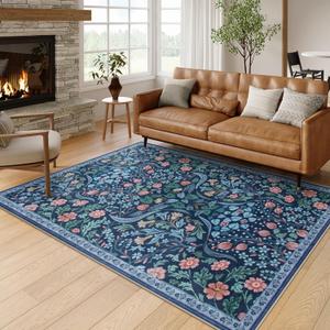 Moynesa Floral Washable Rug, Boho 5x7 Area Rugs for Living Room, Non Slip Large Dining Room Rug Under Table, Botanical Ultra Thin Floor Carpet for Bedroom Home Office, Blue