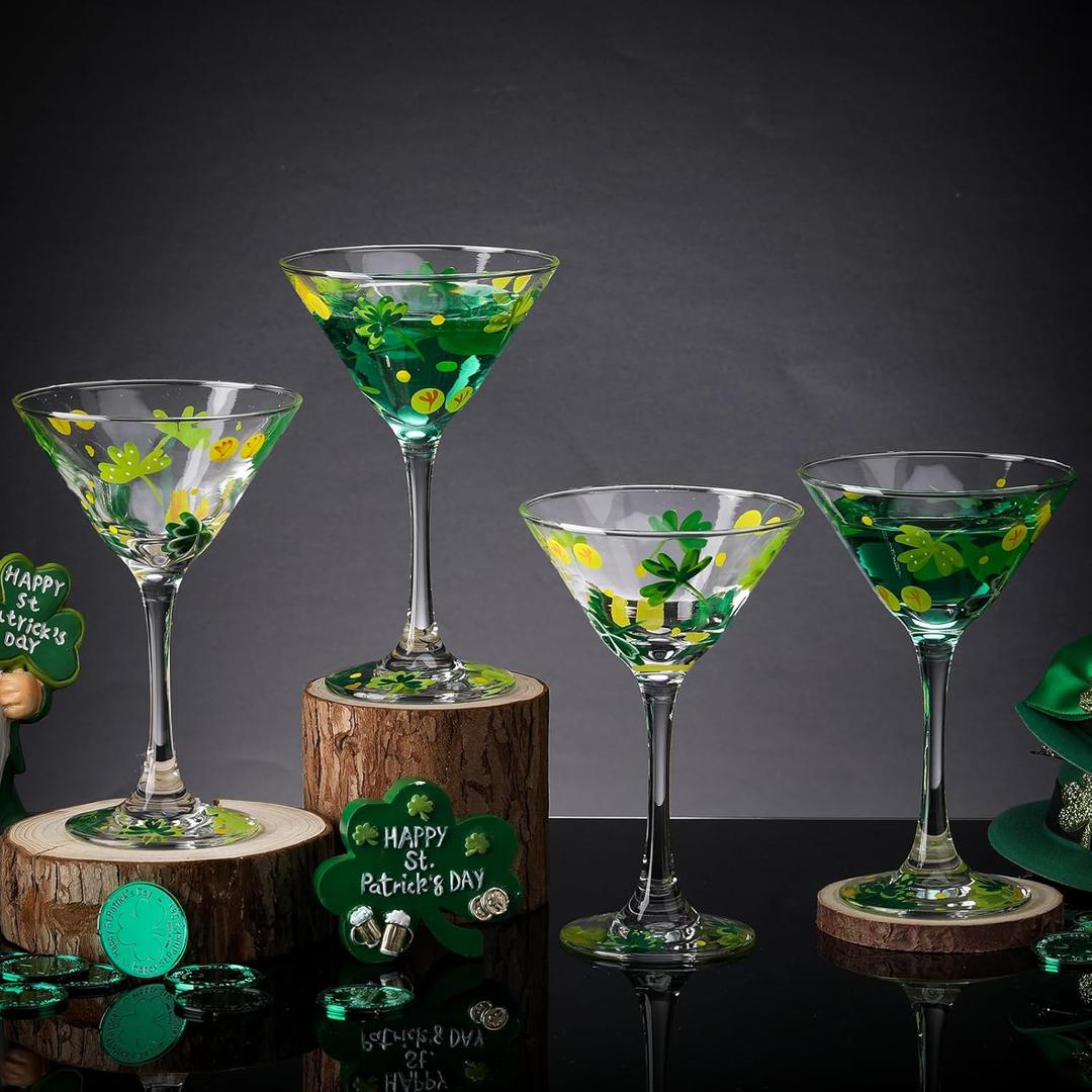Qinyoung 4 Pcs St. Patrick's Day Shamrock Martini Glass Stemmed Hand Painted Clover Wine Glass Lucky Cocktail Glasses Bar Goblet Drinkware for Irish Theme Holiday Party Gifts
