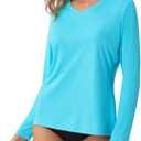 Women's Standard V-Neck UPF 50+ Long Sleeve Swim Rash Guard Shirt (Blue, XL)
