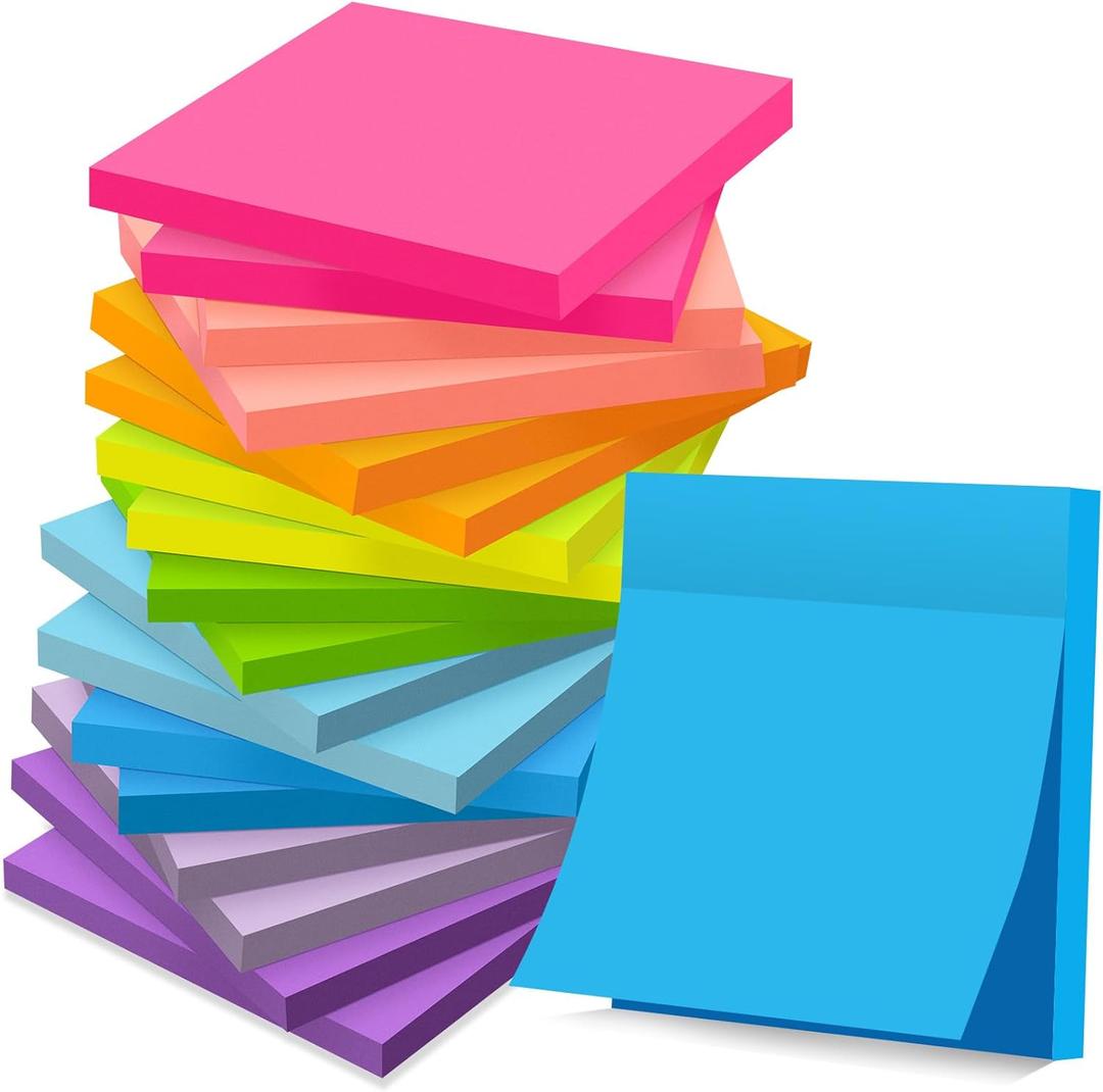 (18 Pads) Sticky Notes 3x3 inch, Self-Stick Pads Bright Colors Sticky Note, Recyclable, Easy to Post for Home, Office, Notebook, Unlined 