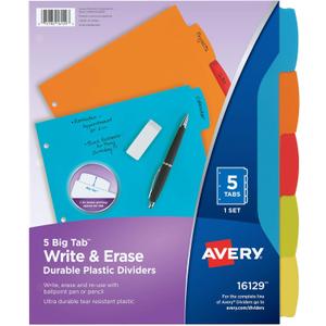 Avery Big Tab Write & Erase Durable Plastic Dividers for 3 Ring Binders, 5-Tab Set, Bright Multicolor, 1 Set (16129)