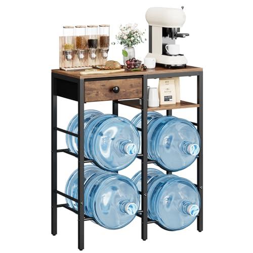 KITIVIALA 5 Gallon Water Jug Holder with 4 Slots, Heavy Duty Water Bottle Storage Rack, 2-Layer Wood Shelves and Fabric Drawer for Home, Kitchen, Office, Garage