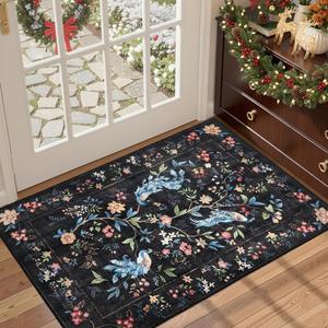 GarveeHome Small Black Entryway Rug, 2x3 Washable Front Door Rug Indoor Entrance Floral Peacock Carpet Non-Slip Low Pile Throw Rugs for Kitchen Floor, Powder Room, Entry, Bathroom, Kids Room