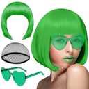PLULON Dark Green Bob Wig and Sunglass Set, Neon Short Bob Wig Sunglass Pack Costume Colorful Cosplay Wig Hairpieces for Bachelorette Neon Party Favors, Halloween Decorations