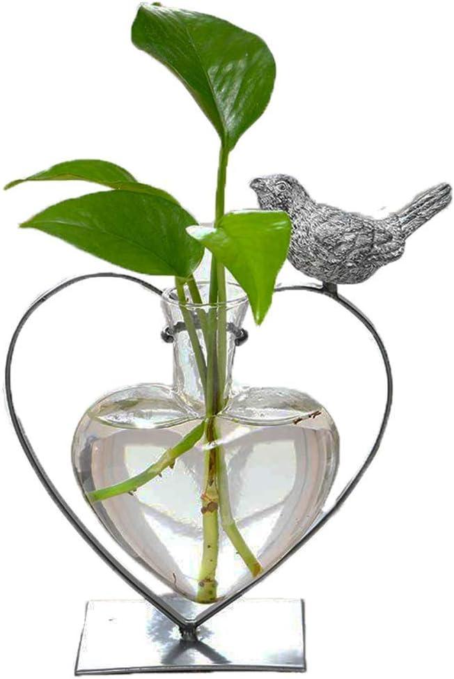 Desktop Glass Vase, Bulb Glass Vases for Holder, Creative Bird with Heart Planter Vase, Plant Terrarium Metal Stand for Modern Office Home Wedding Decorations