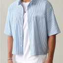 GORGLITTER Men's Striped Button Up Down Cropped Shirt Short Sleeve Boxy Tee (Purple),L