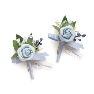 Ling's moment Boutonniere for Men, 2pcs Groom Groomsmen Guest Boutonniere, Artificial Flowers for Wedding/Prom/Homecoming, etc.Light Blue White