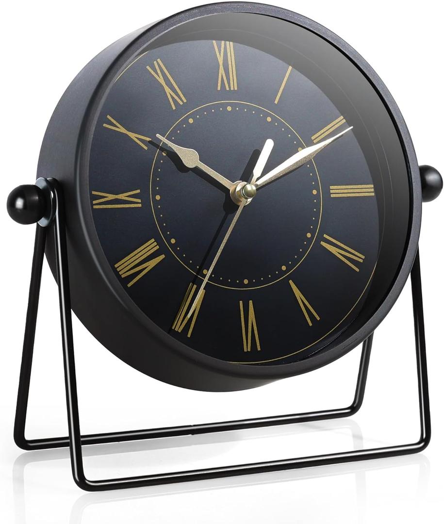 AYRELY Vintage Black Metal Desk Clock,Battery Operated Mantel Clocks, Decorative Table Clocks with Adjustable Angle for Fireplace Farmhouse Shelf Living Room Dcor (Black/Gold)