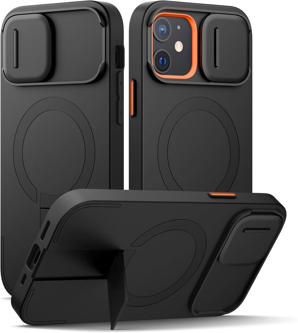 SURITCH for iPhone 12/12 Pro Case with Magnetic Camera Slide Cover and Adjustable Kickstand, Compatible with MagSafe, Shockproof Bumper Case Slim Protective Cover for iPhone 12/12 Pro 6.1 Inch, Black | 6.1 Inch