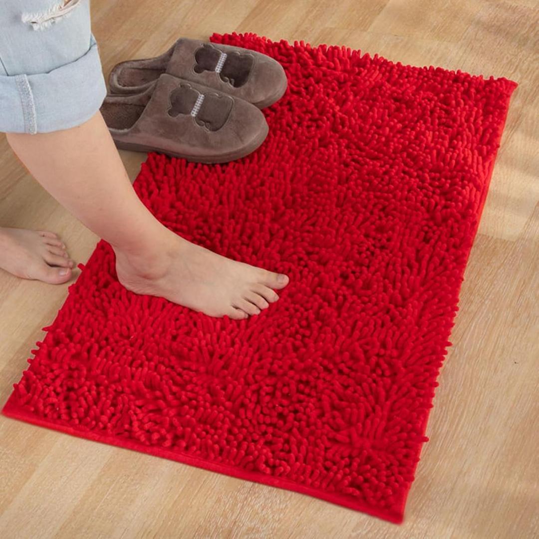 Red Bath Rugs for Bathroom, Soft Absorbent Chenille Bath Rugs Muddy Mat, 16x24 Inch Machine Wash Dry Bath Mats for Shower, Tub, Home Decor Accessories 1 Pack