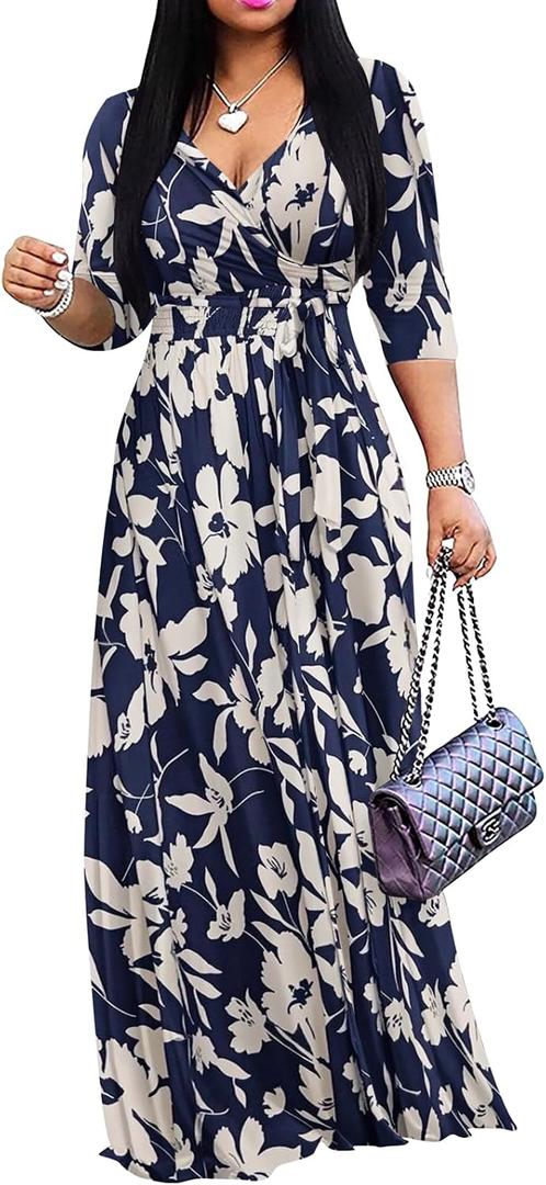 Yajedo Womens Casual Summer Maxi Dress Plus Size Sexy Wrap V Neck 3/4 Sleeve Sundress with Pockets (Blue, XL)