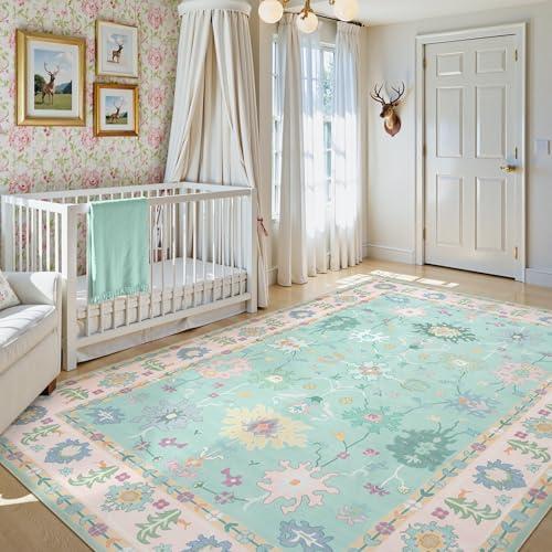 LIVEBOX Washable Oushak Rug, Non Slip 5 x 7 Area Rug for Bedroom, Turkish Pink Floral Boho Rugs Vintage Mat, Soft Pastel Dining Room Rugs Indoor Carprt for Living Room, Baby Kids Nursery Room Decor