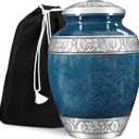 GSM Brands Cremation Urn for Adult Human Ashes - Large Handcrafted Funeral Memorial with Striking Blue Design (Aluminum - 10 Inch Height x 7 Inch Width)