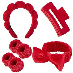 7 Pcs Spa Set, Facial Headband and Wristband Set, Skincare Accessories, College Style Girl Idea Gifts, Hair Accessories for Women and GirlsRed