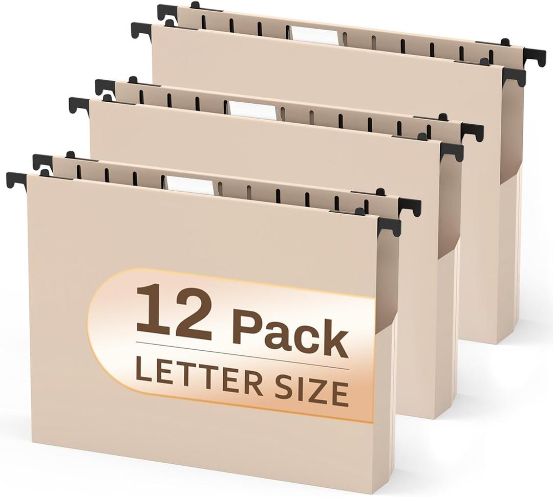 12 Pack Letter Hanging File Folders, Pink Hanging File Folders, Plastic Filing Folders Hang, Extra Capacity 2 In Expansion, File Folder Hanging File Cabinet Organizer School Office Accessories (Light Beige)