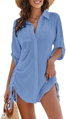 Blooming Jelly Womens Bathing Suit Cover Ups Bikini Swimsuit Coverup Drawstring Button Down Beach Dress Shirt L