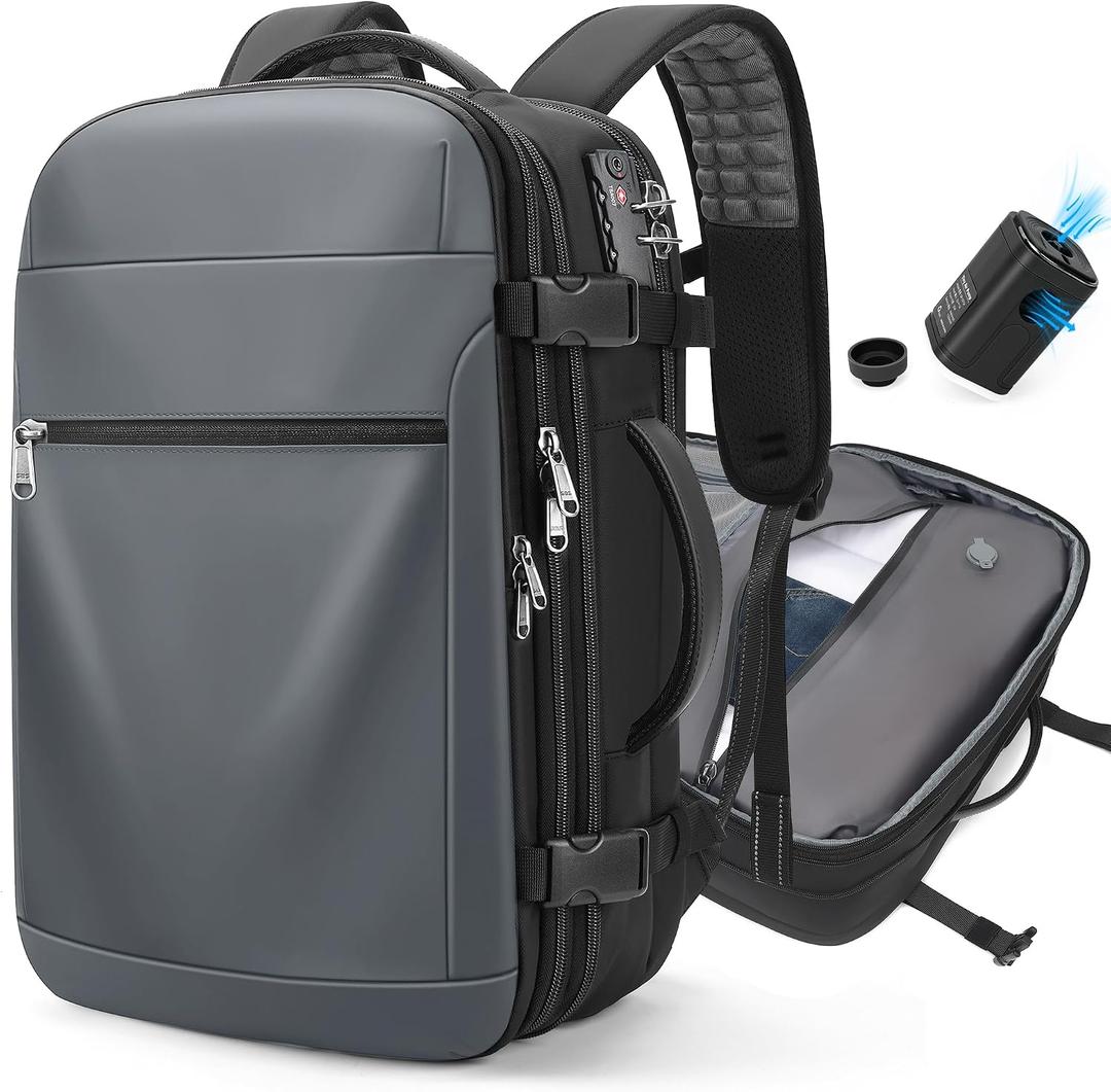 Vacuum Backpack Travel - 60L Expandable Carry-On Vacpack Backpack with Vacuum Pump, TSA Lock, Laptop Compartment, Water-Resistant Seal Compression Bag for Business & Flight Travel (Grey)