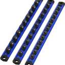 WORKPRO Magnetic Socket Organizer Set, 3-Piece Aluminum Alloy Socket Rail, Heavy Duty Socket Holder, Socket Rack Kit 1/4-Inch x 12 Clips, 3/8-Inch x 10 Clips, 1/2-Inch x 10 Clips (Blue)