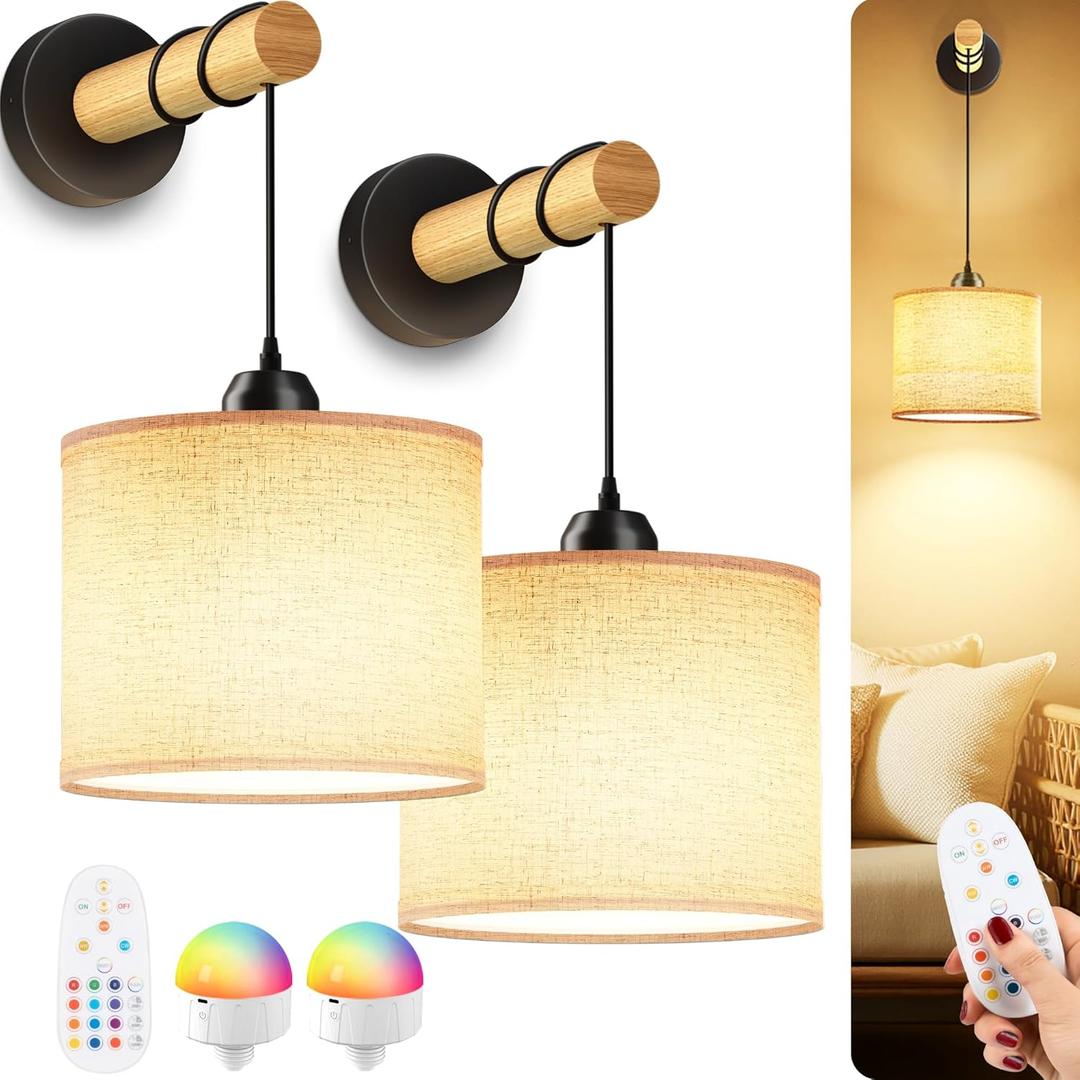 Rechargeable Battery Operated Wall Sconces Set of 2, Modern Fabric Wall Lamps with Wooden Arm & Remote Control, Dimmable Multicolor LED Lights for Indoor Bedroom, Living Room, Kitchen, House