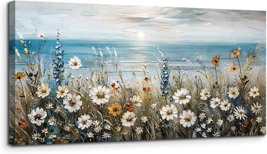 SERIMINO Coastal Landscape Wall Art Prints, Beach Daisy Large Canvas Prints, Wildflowers Paintings Modern Farmhouse Decor, Floral Pictures Wall Decor Living Room Dining Room Kitchen 20"X40"