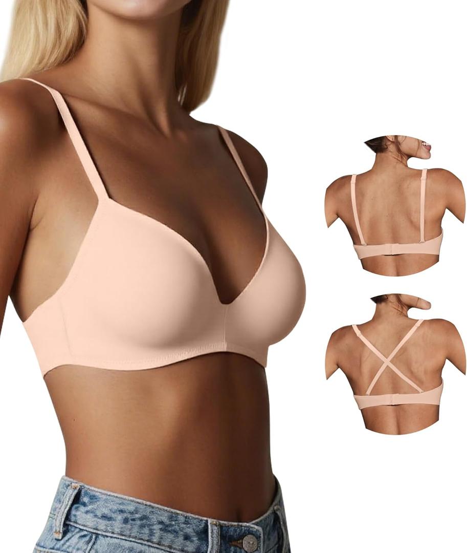 Seamless Wireless Bra for Women with Support - No Underwire Plunge Push Up Comfy T-shirt Bras Racerback Bralette (36B, Nude(wire Free))