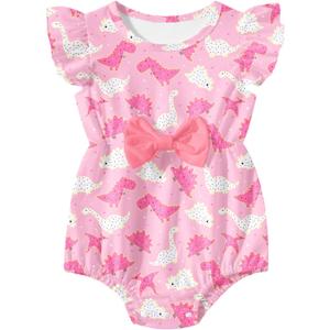 Baby Girls Clothes Infant Print Ruffle Romper Bodysuit with Bow 6-12 Months (Dinosaur Pink)