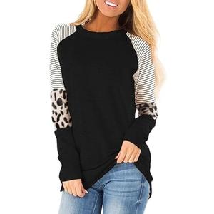 Leopard Print Tops for Women Long Sleeve Crew Neck Patchwork T Shirt Blouse L