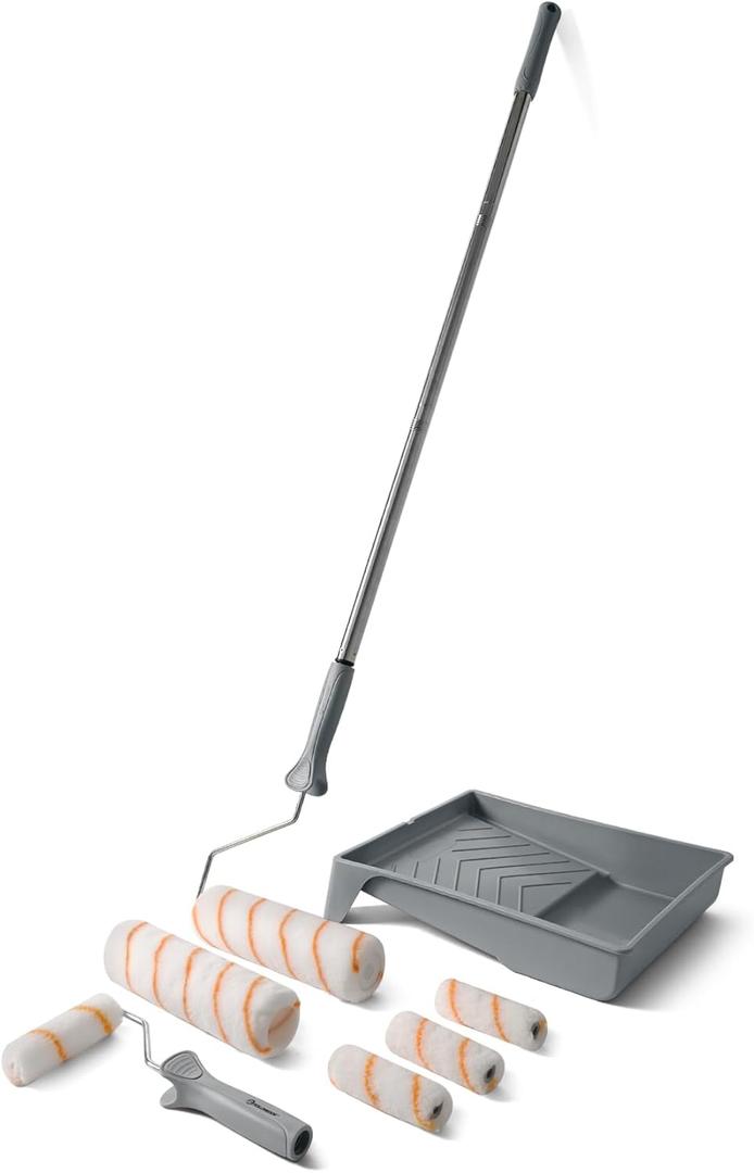 ROLLINGDOG Paint Roller Kit with Extension Pole - 9 Inch Paint Roller with Tray, 4Inch Mini Rollers,Stainless Steel Extension Pole (3ft)