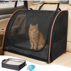 Cat Car Seat, Enclosed Carrier for Pets Travel Safety Cat Crate with Litter Box Soft-Sided Covered Car Kennel Carrier for Backseat