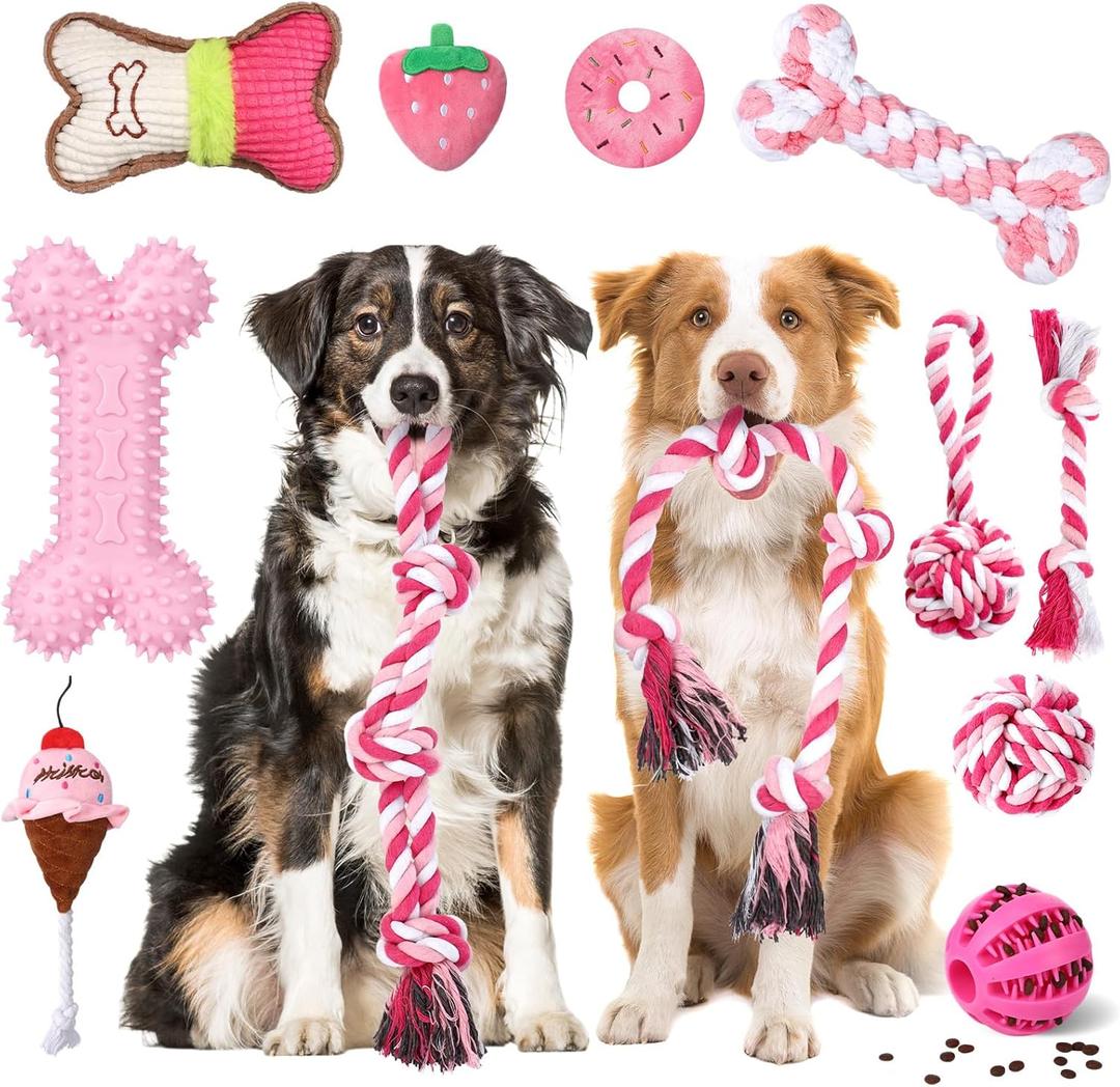Vinsot 12 Pack Large Dog Chew Toys for Aggressive Chewers Pink Christmas Gifts Teething Toys with Dental Rope Squeaky Balls and Chew Bone for Medium Large X-Large Breeds Dogs