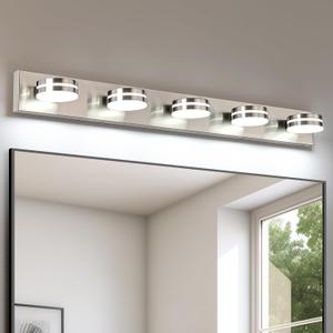 Brushed Nickel Bathroom Light Fixtures Over Mirror, 5-Light Bathroom Vanity Light, LED Dimmable Bath Lights, Modern Dimmable Vanity Lighting with Rotating Lamp Head, 5500K, 5-Light,40lnch