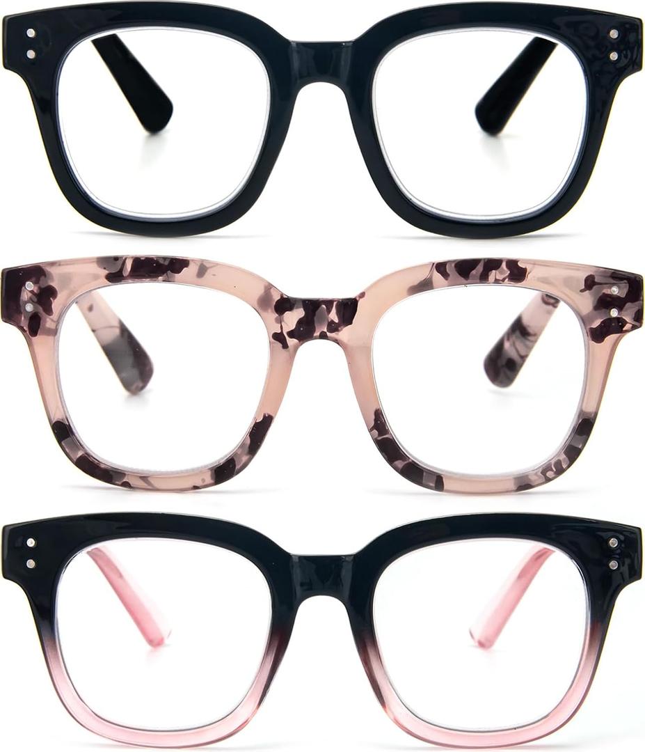 REAVEE 3 Pack Retro Oversized Reading Glasses for Women Blue Light Blocking Cute Square Computer Readers Spring Hinge (Black/Pink Leopard/Black Pink)