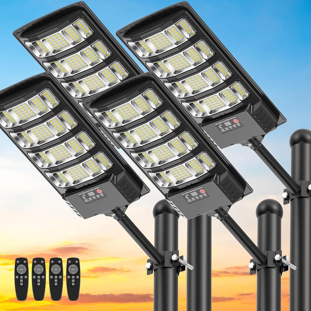 Solar Street Lights Outdoor Waterproof , 6500K 320 Angle Flood light,5730 LED Solar Parking Light with Motion Sensor and Remote Control for Outdoor, Streets, Courtyards, Parking Garages,4 Pack