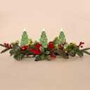 Christmas Table Centerpiece with LED Lights, Green Xmas Tree Decoration, Red Berry, Christmas Balls for Holiday Party, Home, Fireplace