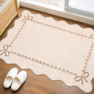 GarveeHome Scalloped Bow Rug for Kitchen Floor, Solid Beige Rug for Dorm, Washable Entryway Rugs 2x3 Soft Low Pile Non Slip Scalloped Rugs for Nursery Bedroom Decor Hallway