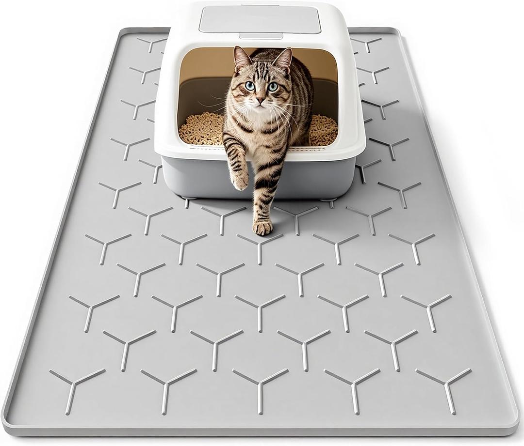 Bulkniu Silicone Cat Litter Mat with Raised Edges, Waterproof/Urineproof, Litter-Collecting Interior Ridges, Soft & Pet-Friendly (24"x16"-Grey)