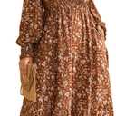 RWJ Women's Plus Size Fall Dress Long Sleeve Square Neck Floral Print Smocked A Line Boho Flowy Maxi Dresses with Pockets