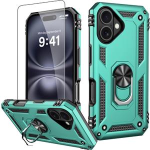 IKAZZ for iPhone 16 Case 6.1 Inch with Screen Protector,Military Grade Shockproof Heavy Duty Protective Phone Cover Pass 16ft Drop Test with Magnetic Kickstand Car Mount Holder,Turquoise Color