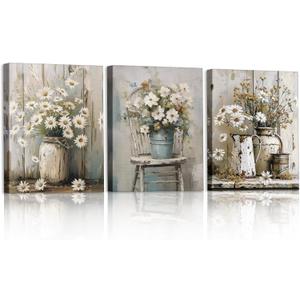 MotiMind 3 Pcs Daisy Bathroom Wall Decor Rustic Farmhouse Pictures Wall Decor Canvas Soothing Calming Nature Botanical Vintage Floral Country Prints Spring Summer for Bedroom 9. 84x7. 87''