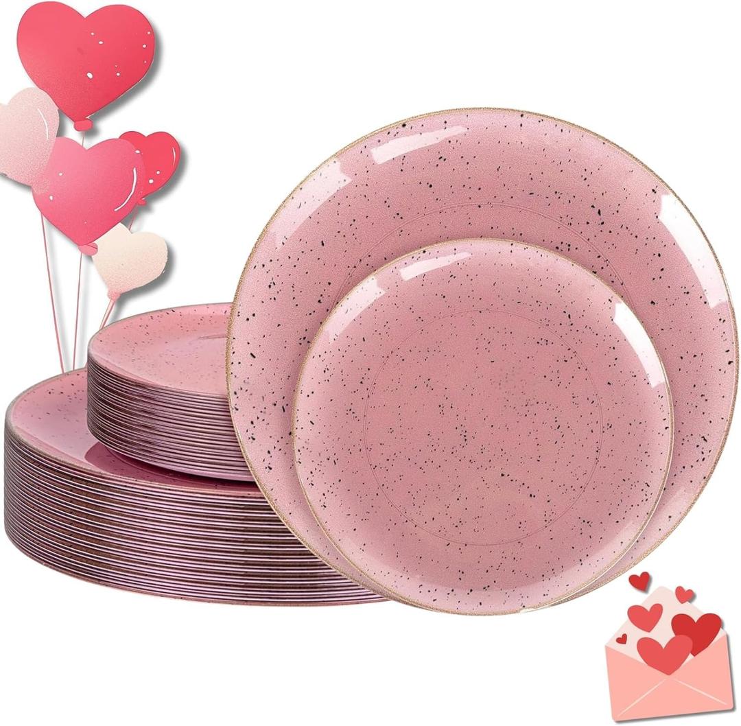 Liacere 32PCS Pink Plastic Plates - Pink Plastic Ceramic Disposable Tableware Plates Modern Dinnerware Set - Wedding & Party & Mothers Day